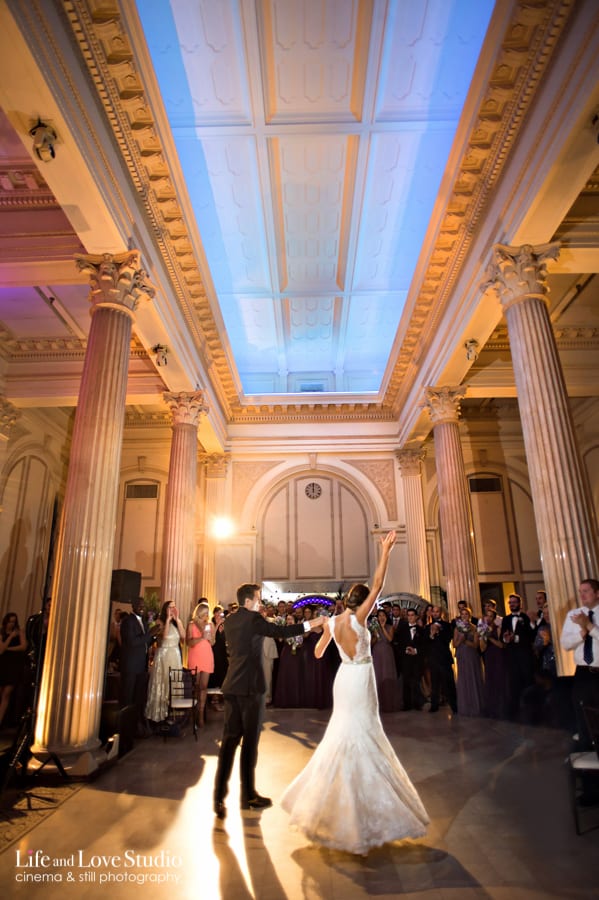 Bride and Groom Dancing during their Reception at the Treasury on The Plaza wedding and event venue in Saint Augustine Florida