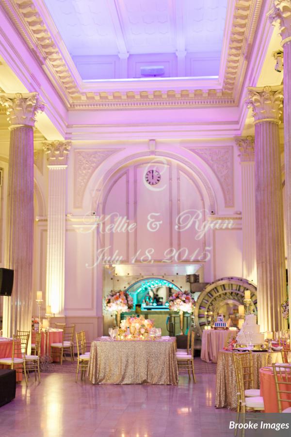 Navy, coral and gold wedding reception at The Treasury on The Plaza