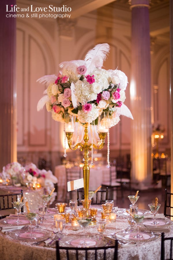 Wedding table centerpieces at The Treasury on The Plaza St. Augustine
