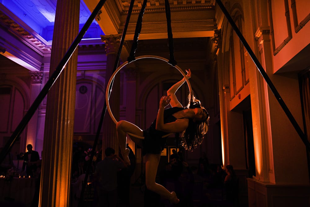Aerialist doing circus moves during reception at The Treasury St. Augustine