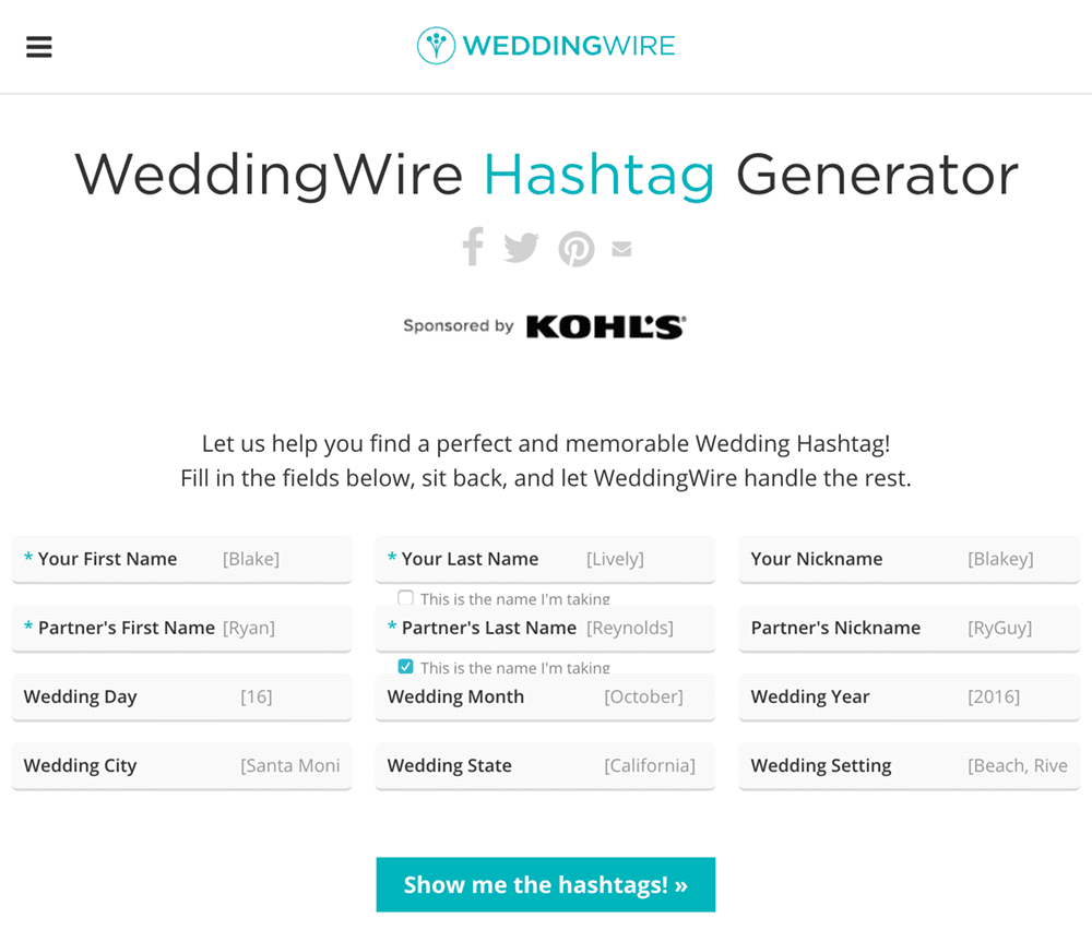 Wedding Hashtag Generator from WeddingWire