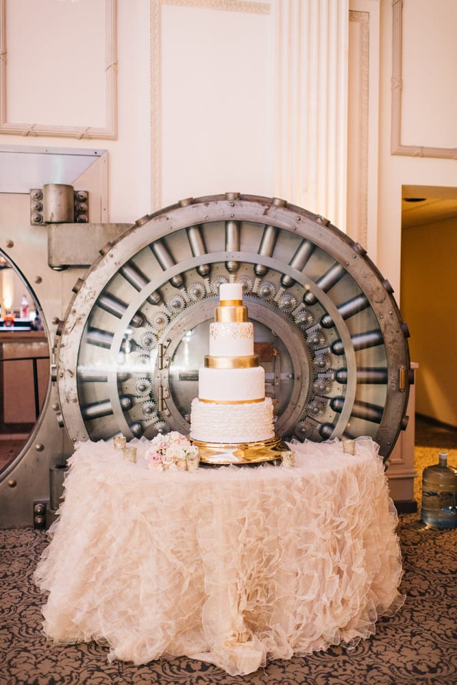 White and gold wedding cake at The Treasury on the Plaza St. Augustine | Alex + Michael | High School Sweethearts Tie the Knot at The Treasury on the Plaza 