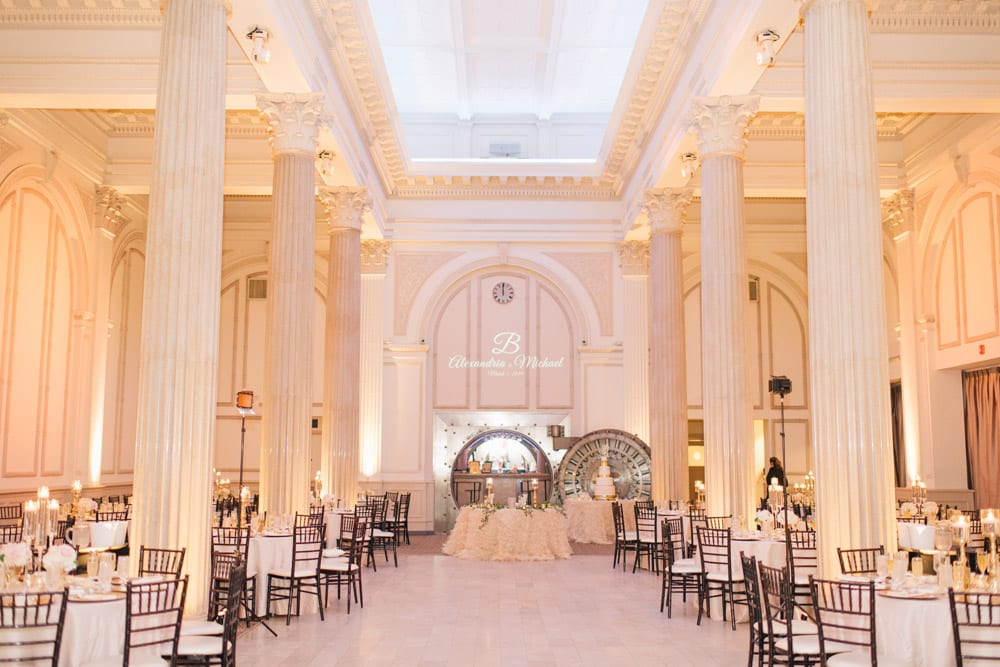 White and gold wedding reception at The Treasury on the Plaza St. Augustine | Alex + Michael | High School Sweethearts Tie the Knot at The Treasury on the Plaza 