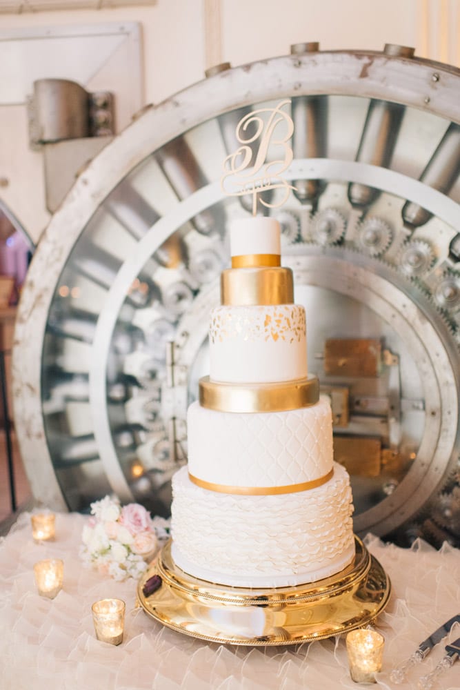 White and gold wedding cake at The Treasury on the Plaza St. Augustine | Alex + Michael | High School Sweethearts Tie the Knot at The Treasury on the Plaza 