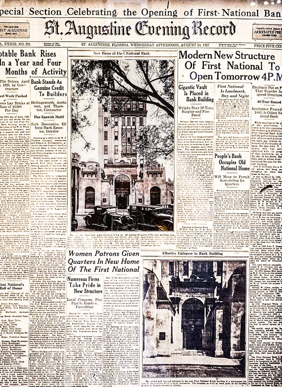 First National Bank Building Opening St. Augustine | Treasury on the Plaza History