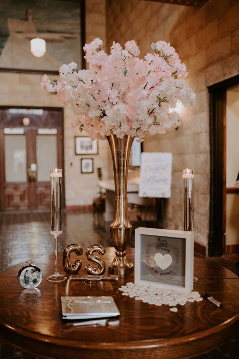 Wedding ceremony entrance decor | Glam Wedding with a Rock and Roll Surprise at The Treasury | Cristal + Steven