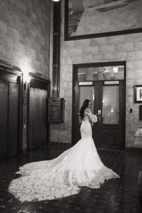 Bridal portraits in the bank foyer | Glam Wedding with a Rock and Roll Surprise at The Treasury | Cristal + Steven