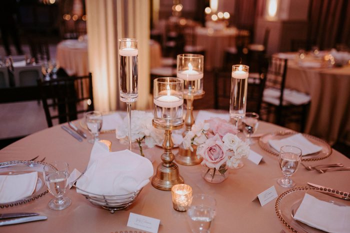 pink wedding reception decor | Glam Wedding with a Rock and Roll Surprise at The Treasury | Cristal + Steven