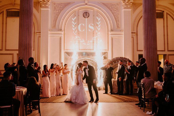 firework wedding reception entrance | Glam Wedding with a Rock and Roll Surprise at The Treasury | Cristal + Steven
