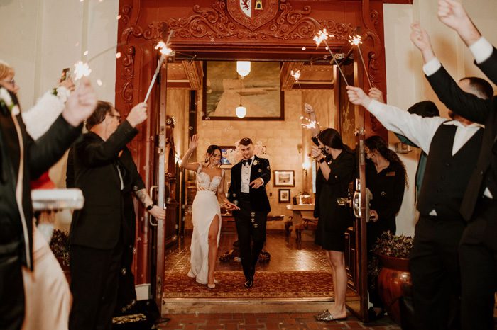 Glam Wedding exit with sparklers | Cristal + Steven