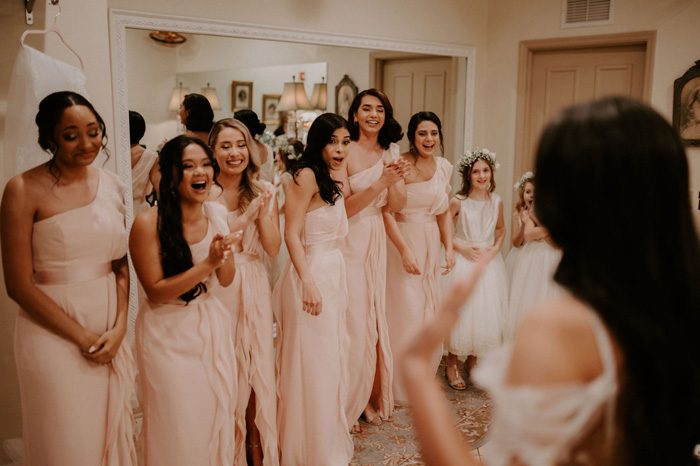 bridesmaids first look | Glam Wedding with a Rock and Roll Surprise at The Treasury | Cristal + Steven