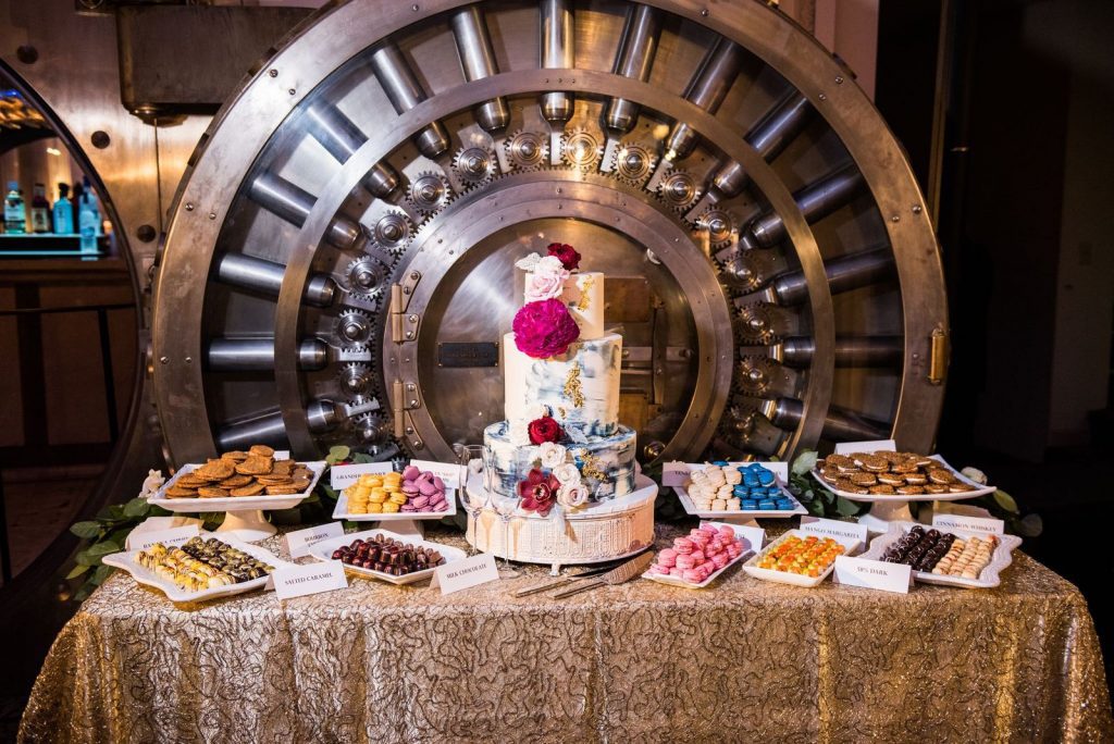 Cookie buffet surrounding wedding cake at Treasury On the Plaza