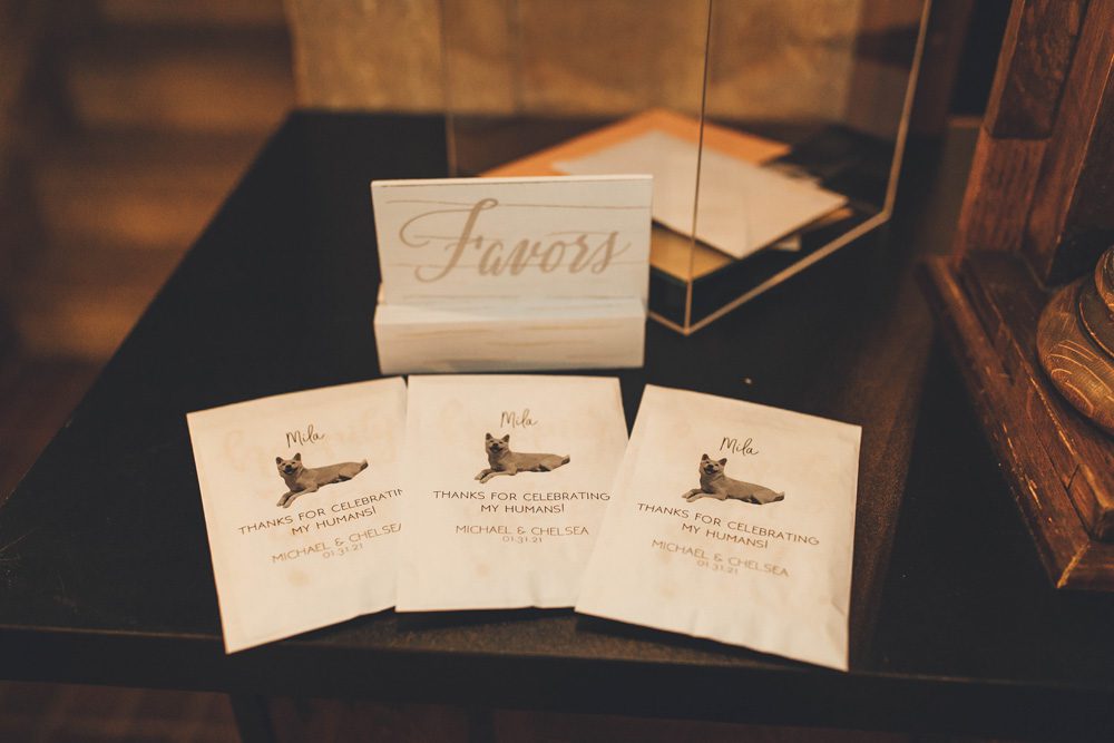 wedding favors from the couples dog to the guests