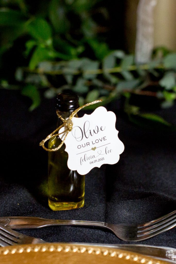 Olive Oil used as wedding favors to represent the couples Italian heritage.