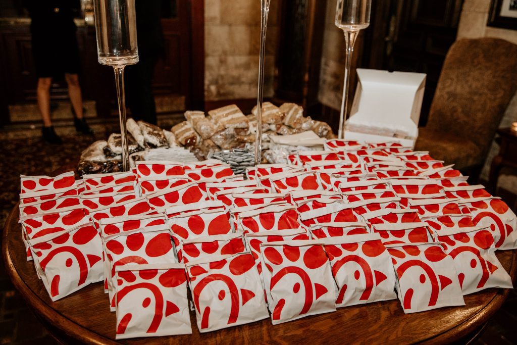 Chick-Fil-A wedding favors spread on a table