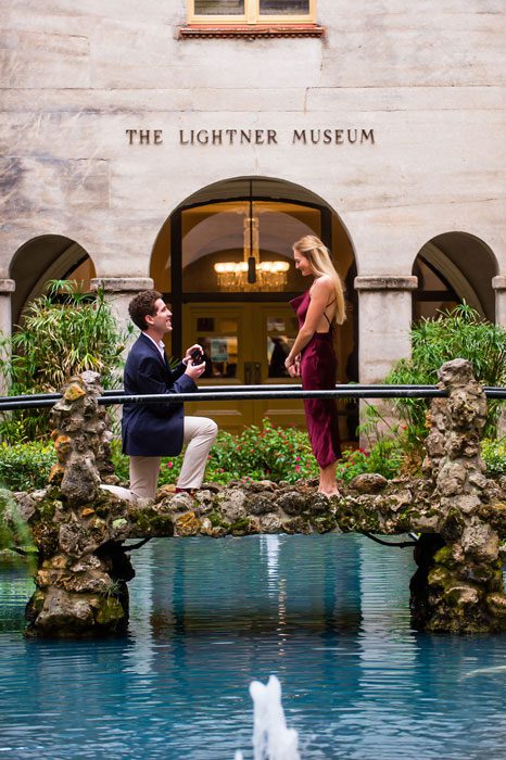 Aaron and Addie's proposal in front of the Lightner Museum in St. Augustine