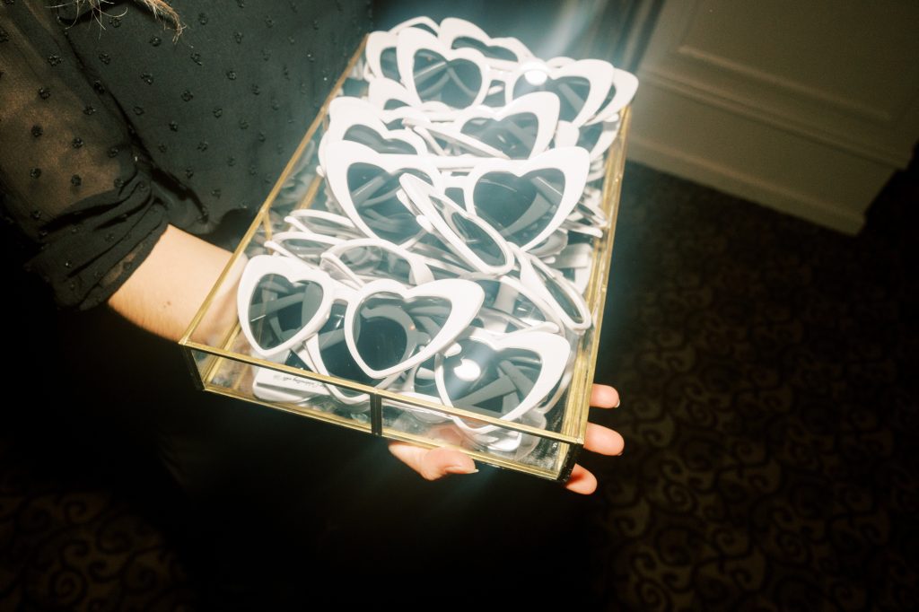 heart shaped sunglasses as wedding dance floor props