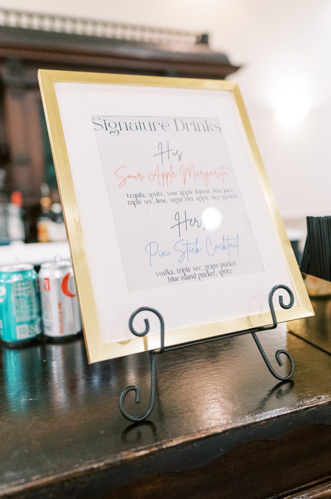 Wedding bar sign with signature drinks