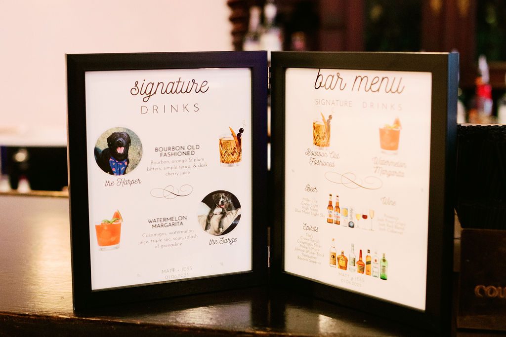 Custom bar menu featuring drinks named after the couple's pets