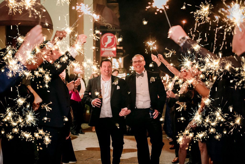 grooms' final exit with a sparkler send off