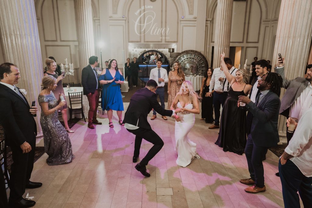 Lara and Jono dancing at their wedding reception