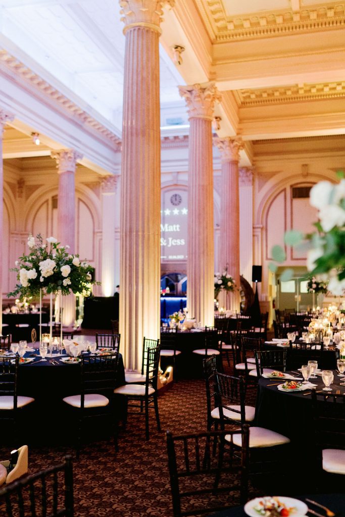 reception tables at The Treasury on the Plaza interspersed with columns