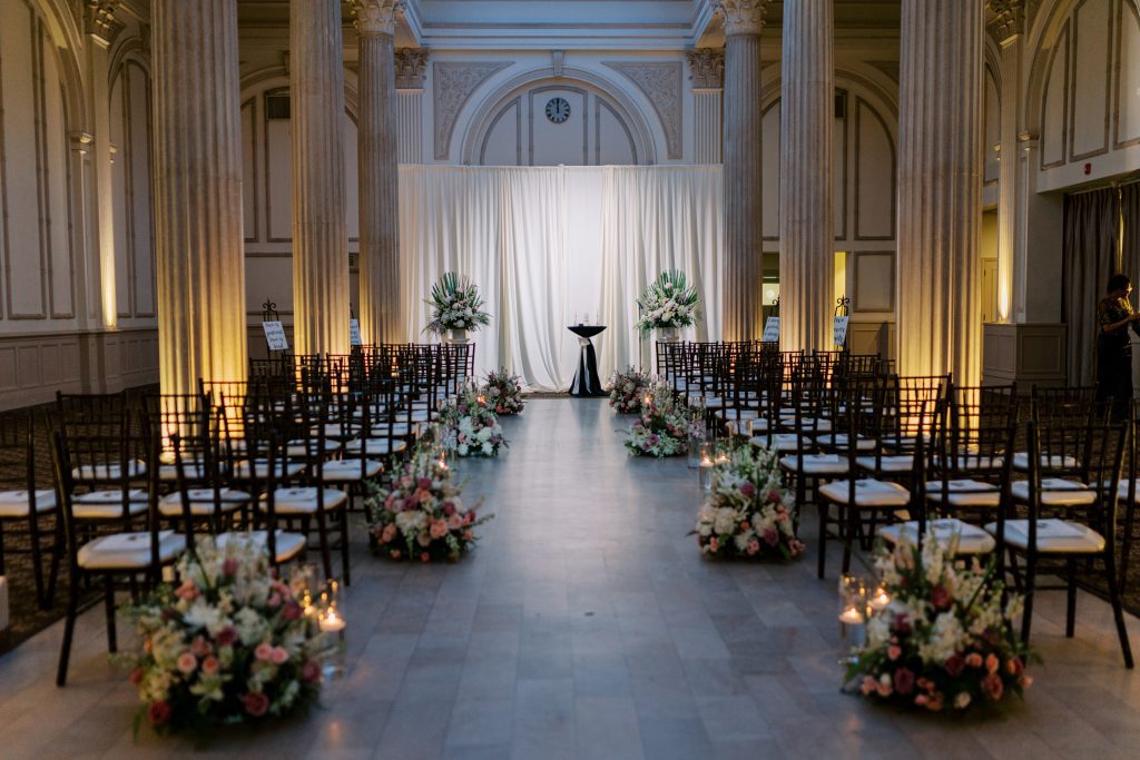 The Treasury on the Plaza set up for Sarah and Kevin's wedding ceremony