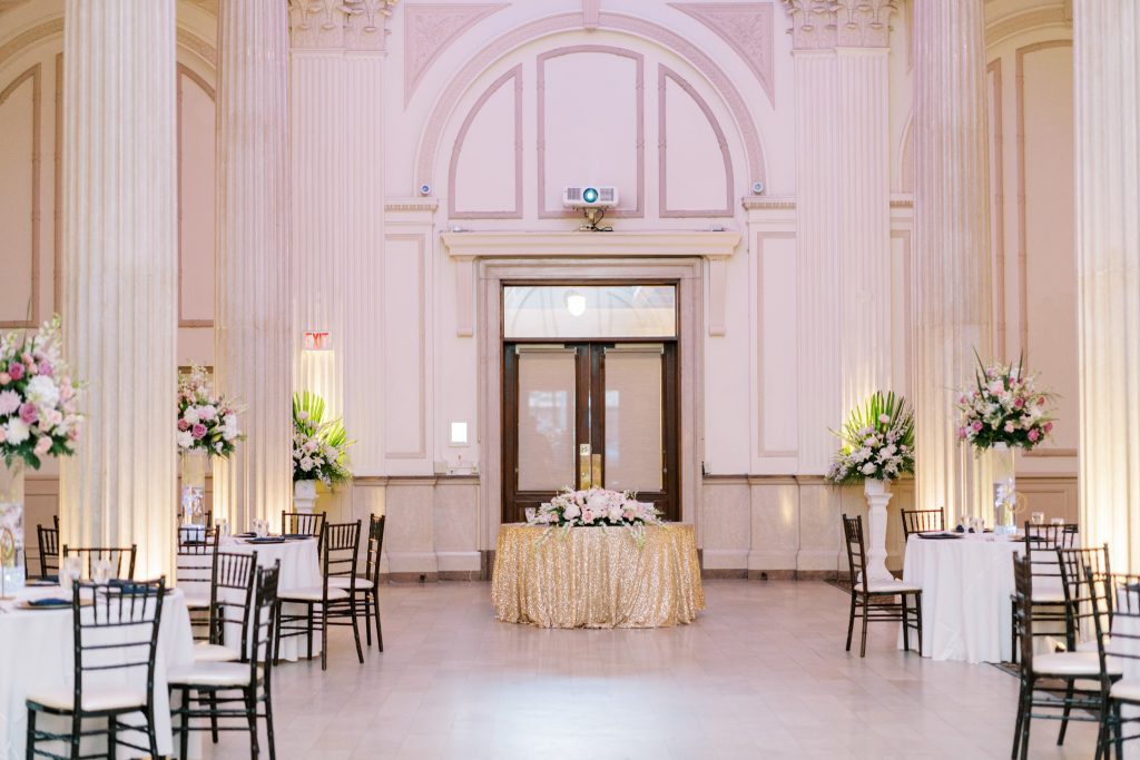 wide shot of wedding reception set up at Treasury on the Plaza