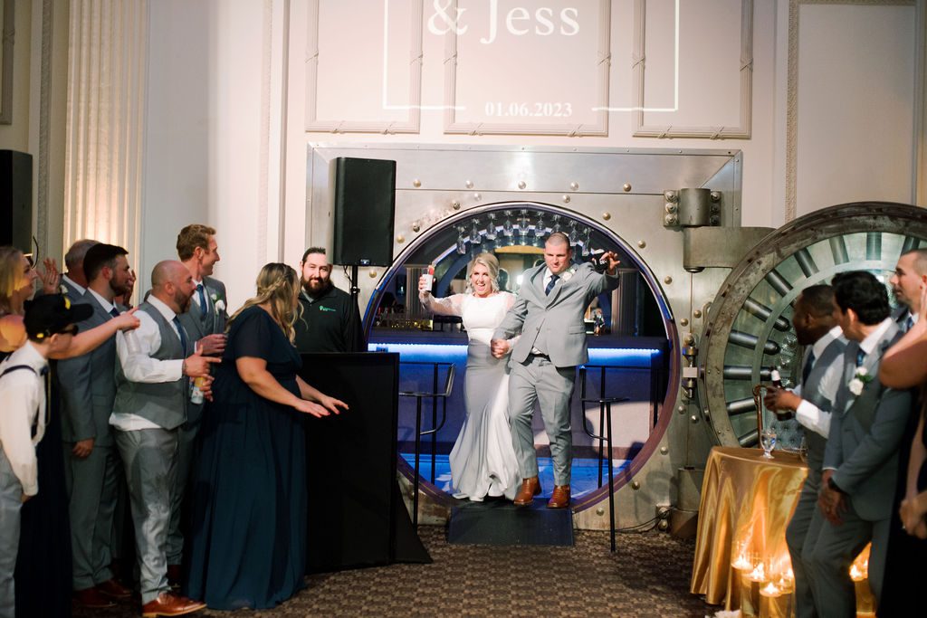 Jess and Matt making their grand entrance through the Vault Bar