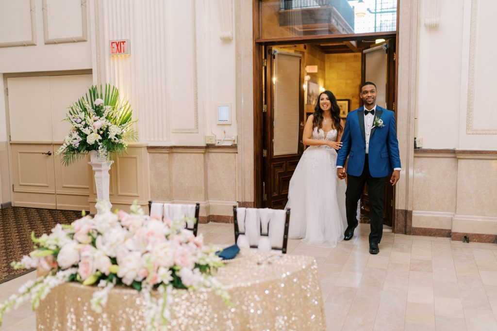 Sarah and Kevin's first look at their wedding reception