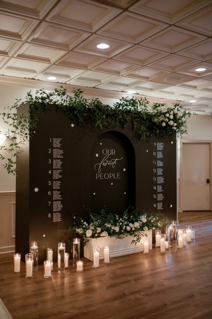 Large seating chart with arch and candles
