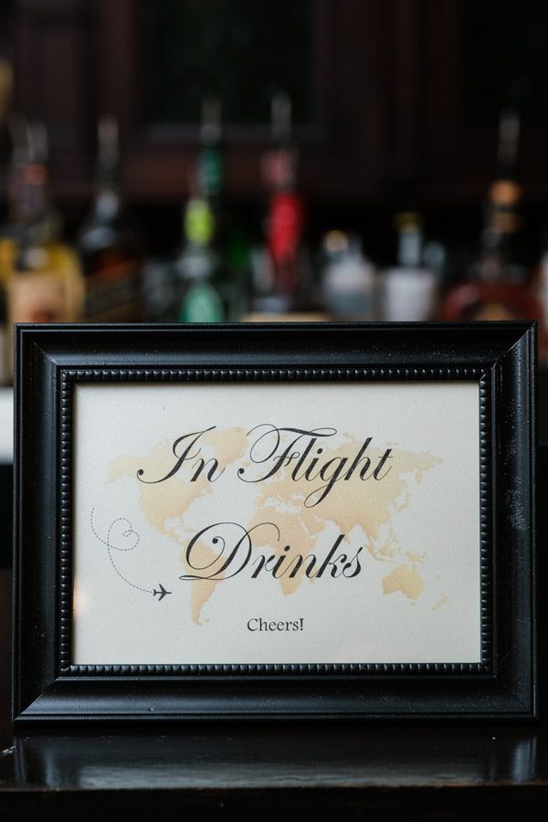 Wedding bar sign reading "In Flight Drinks"