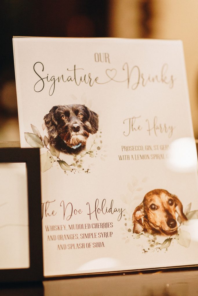wedding signature drinks named after bride and groom's dogs