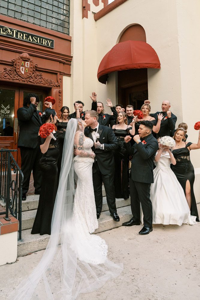 Wedding party with bride and groom