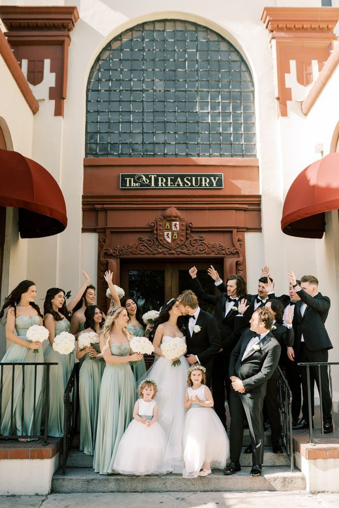 Bride and Groom in front of building