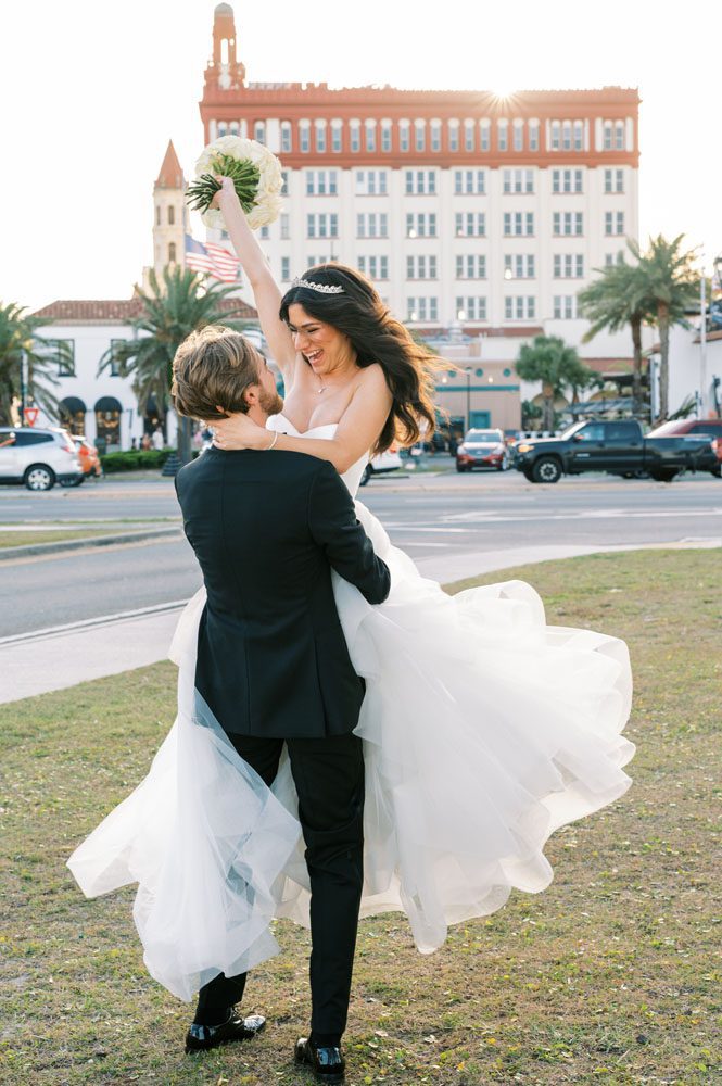 Bride and Groom in front of Building