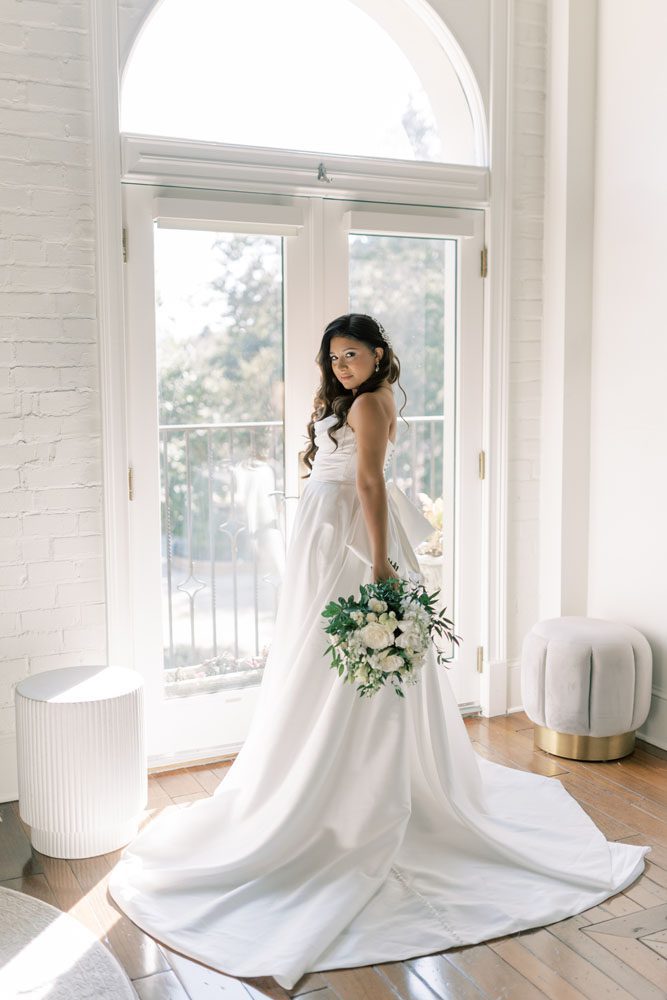 Bride in wedding dress.