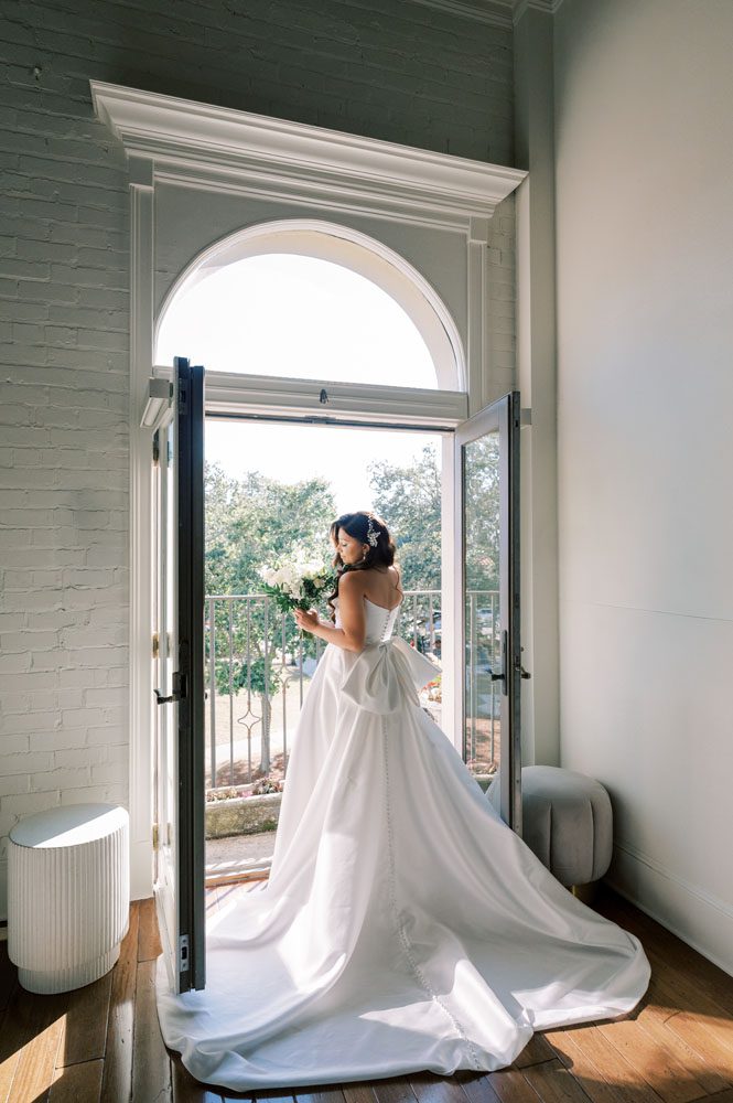Bride in wedding dress.